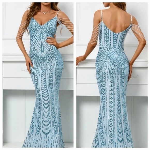 Blue, Geometric Print, Strapless,  Sleeveless, Beaded,   Contrast Sequin… - Picture 3 of 16